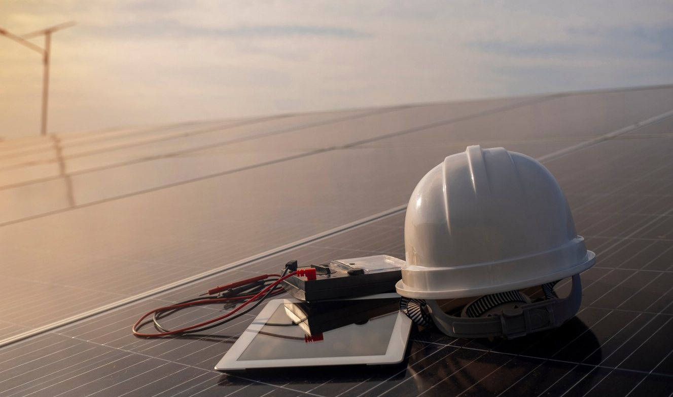Bauhelm, Tablet und Werkzeug auf Solarmodulen in Abendstimmung