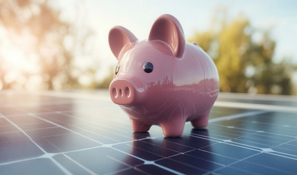 Rosa Sparschwein auf Solarpanel