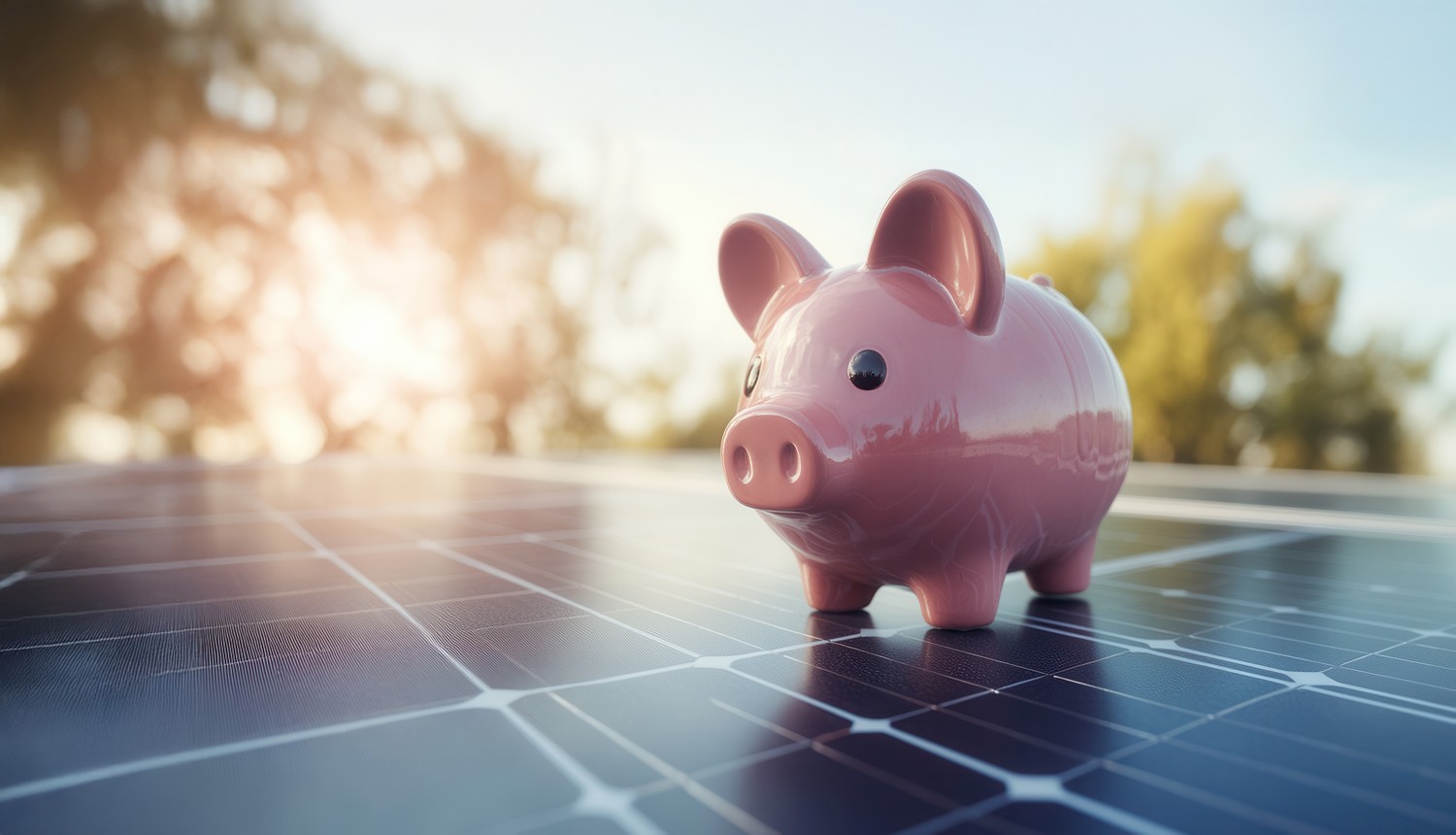 Rosa Sparschwein auf Photovoltaikmodulen