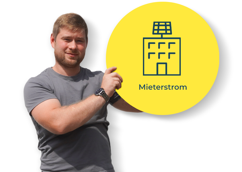 Mitglied aus Sunpower Team hält einen gelben Kreis mit einem Icon zum Thema Mieterstrom