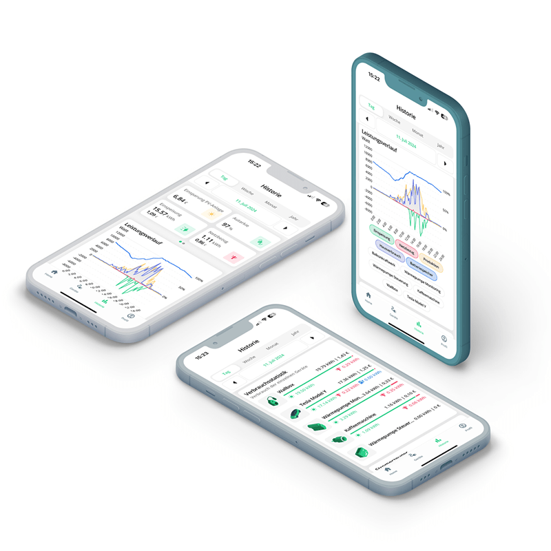 PV Monitoring an drei freigestellten Smartphones, zwei liegend