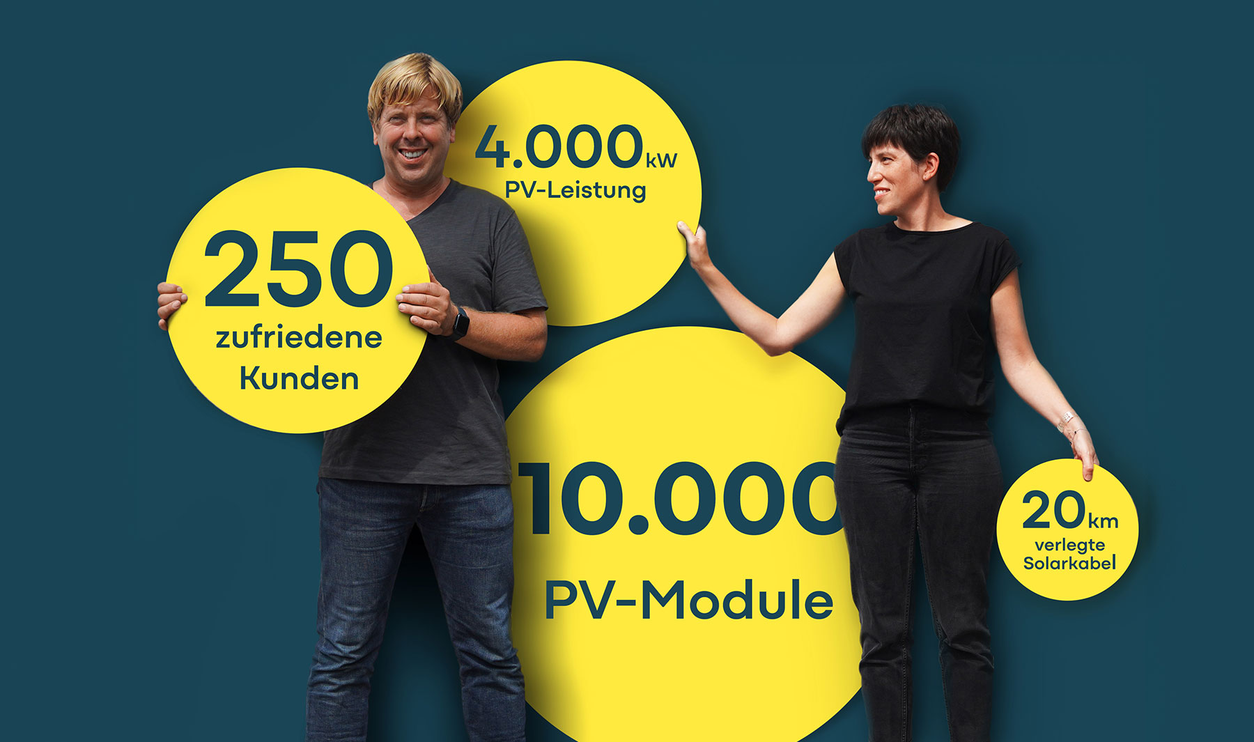 Zwei Teammitglieder von SUNPOWER halten gelbe Kreise mit Infos darauf hoch